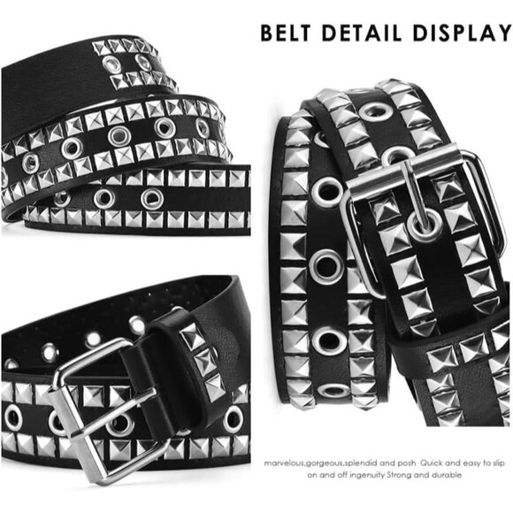 Women's 3 - Black Metal Punk Rock Rivet Belt With Bright Pyramid Studded - Picture 5 of 8